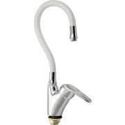 RUSSIA-MOSCOW 2074 Смеситель кухонный, шаровый, боковой, с сатеновой ручкой, с гибким изливом БЕЛОГО цвета