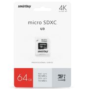 Карта памяти SMARTBUY (SB64GBSDCL10U3-01) MicroSDXC 64GB Class10 PRO (U3) 95/60 MB/S + адаптер